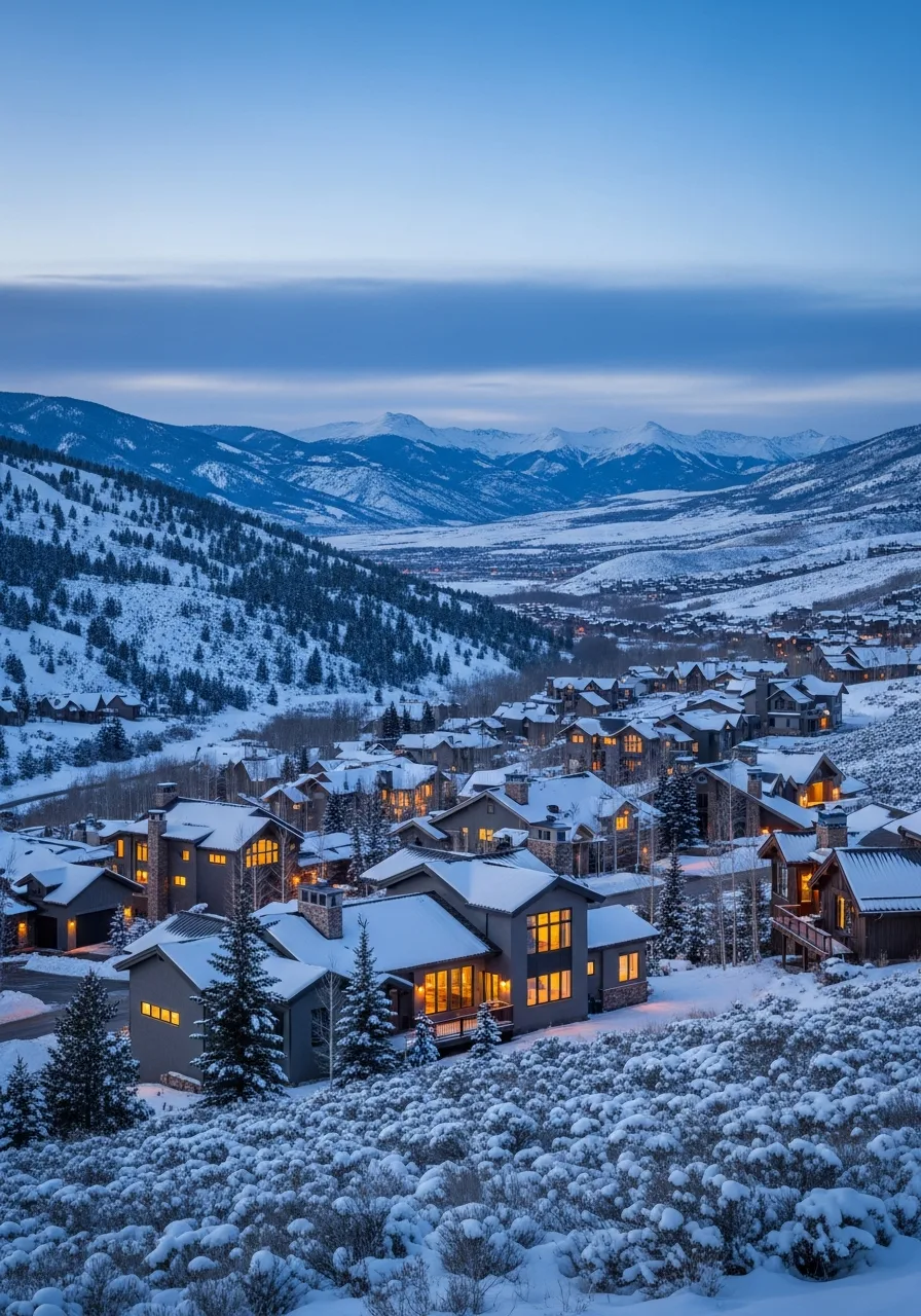 Mountain homes along a snowy Eagle County hillside at dusk