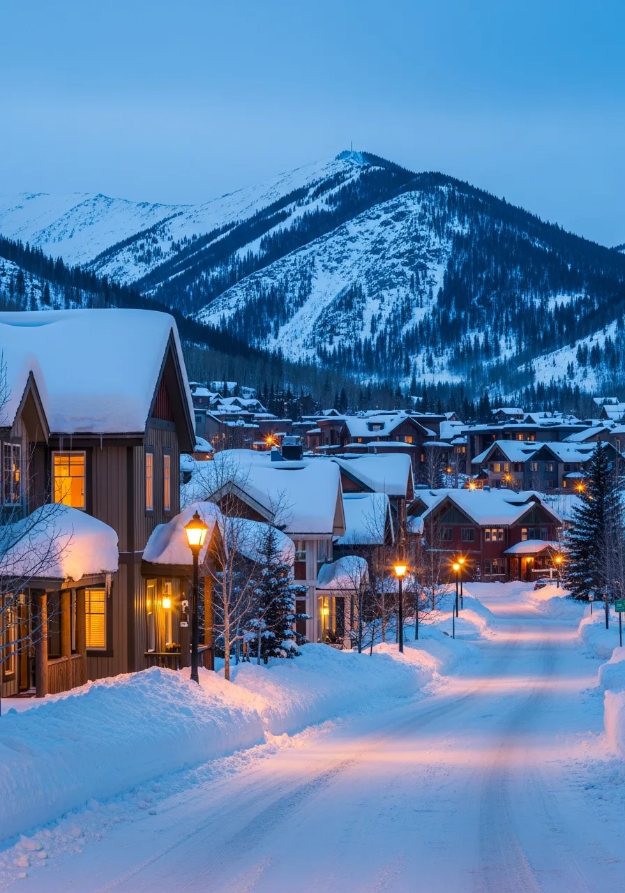 Snow-covered homes on a quiet Frisco street at dusk beneath a forested peak
