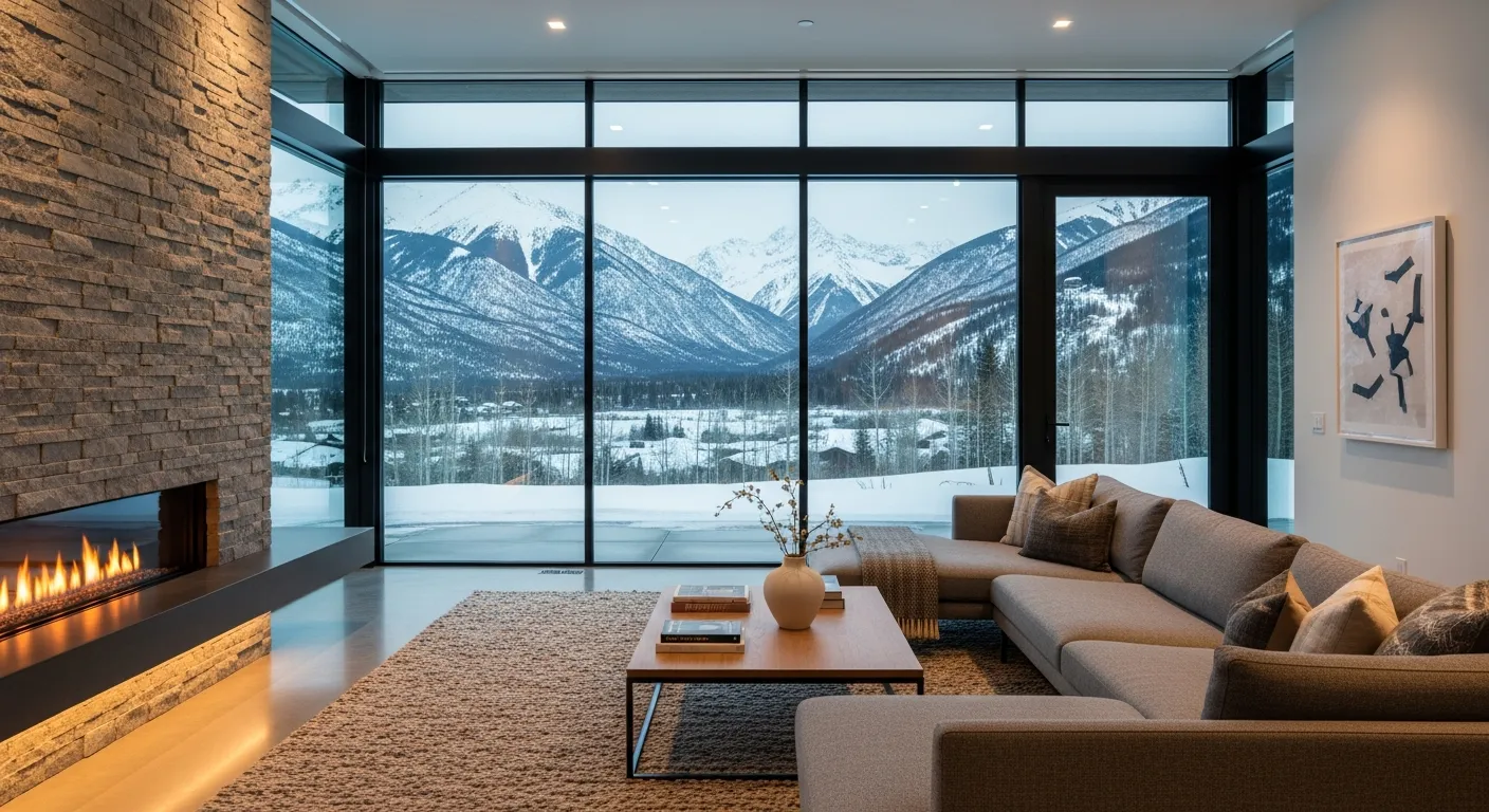 Curated luxury mountain residence at dusk