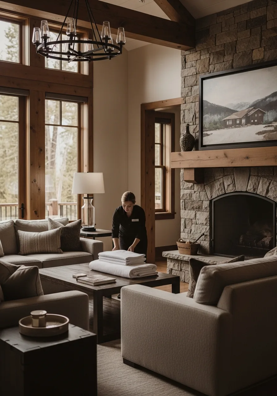 Housekeeping preparing a luxury mountain home living room